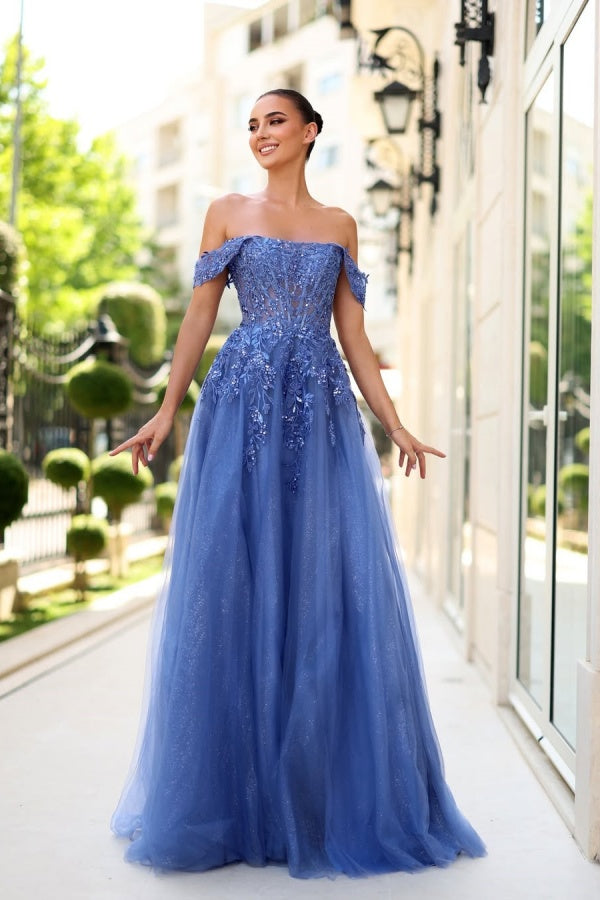 Dusty Blue Glittery Off-The-Shoulder Embroidery Prom Dress ssr0540