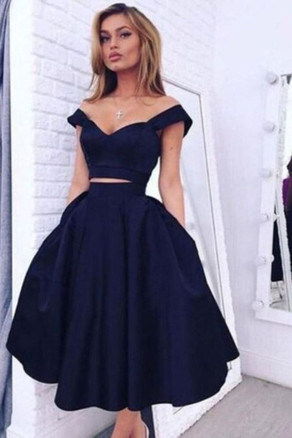 SSR0502,Blue Homecoming Dresses Two Pieces Prom Dress A-Line Satin Prom Dress