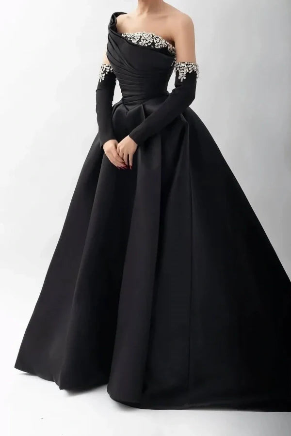 Black Beaded One-Shoulder Long Prom Dress With Rhinestones Sleeves ssr0474