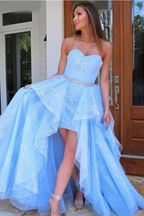 SSR1388,Sky Blue Lace Hi-lo Sweetheart Prom Evening Dresses