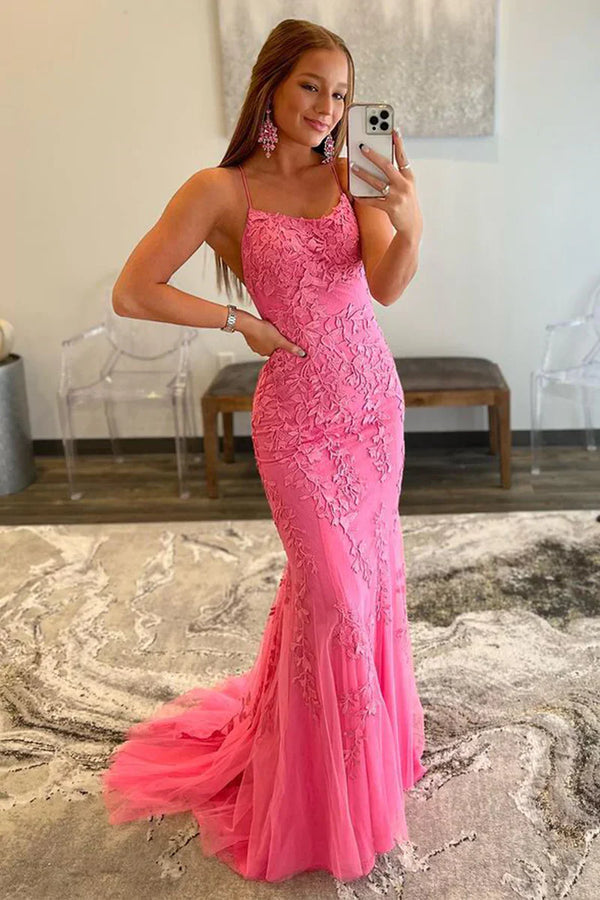 SSR1377,Hot Pink Lace Mermaid Applique Long Prom Evening Dresses With Cross Back
