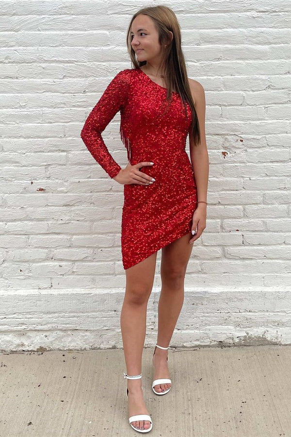 One Shoulder Sequin Bodycon Tassel Homecoming Dress