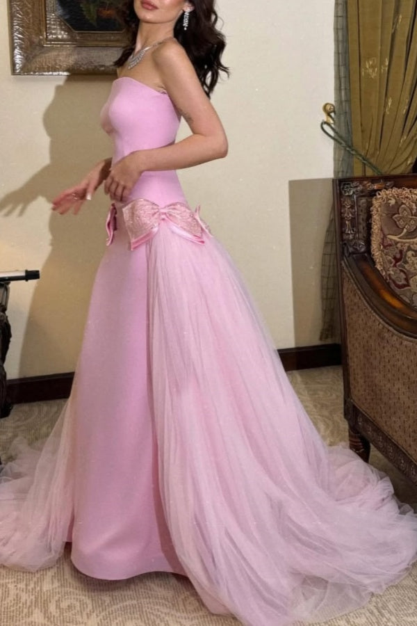 Sweet Pink Strapless Bow-Knot Long Prom Dress ssr0496
