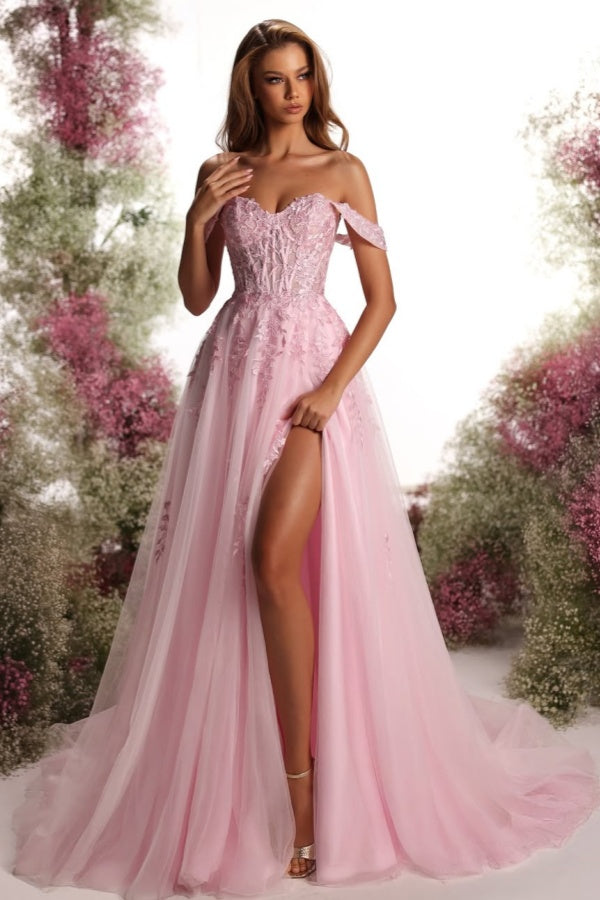 Blushing Pink Off-The-Shoulder Embroidery Split Prom Dress ssr0543