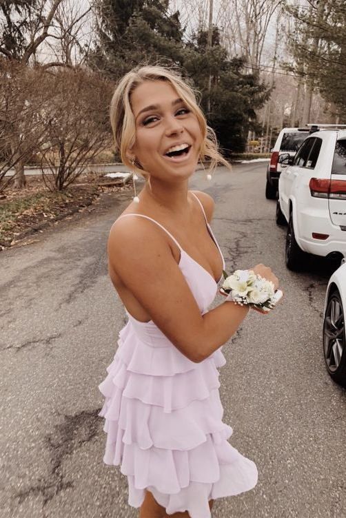 SSR1418,Light pink tiered homecoming dresses ruffles short homecoming dress spaghetti straps party dresses