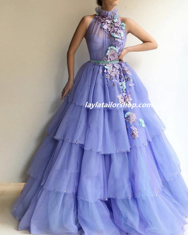 SSR0918,Princess halter ruffles tulle prom dress,purple beaded applique evening formal gown