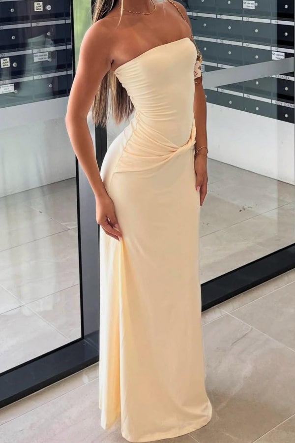 Cream-colored Semi-formal Strapless Pleated Sheath Prom Dress ssr0592
