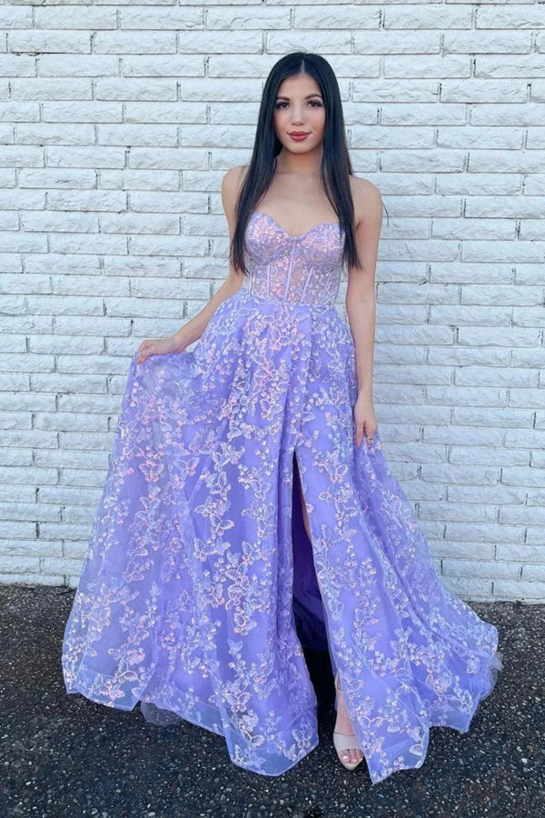 SSR1576,Sparkle Princess Lavender Bustier Puffy Sleeves Lace Long Prom Gown