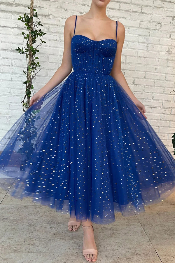 SSR1386,Spaghetti Straps Sweetheart Tea Length Blue Prom Dresses With Sequins