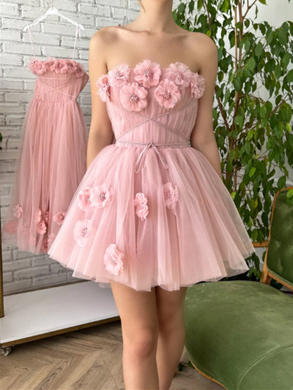 Pink Strapless Flowers 3D Tulle Homecoming Dress