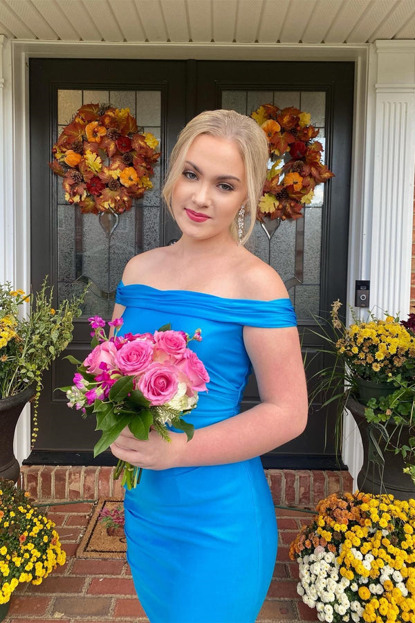 Off The Shoulder Blue Bodycon Satin Homecoming Dress
