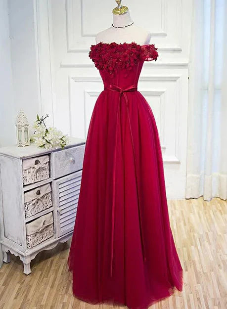 Beautiful Long Party Dress Off Shoulder Dark Red Prom Dress Elegant Evening Dress