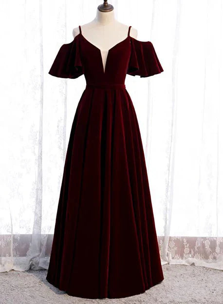 Beautiful Wine Red Velvet Off Shoulder Floor Length Party Dress Junior Prom Dress Elegant Evening Dress