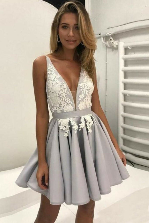 SSR0481,Grey Applique V-neck Homecoming Dresses A-Line Party Dress