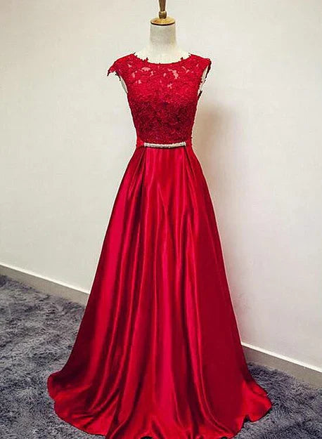 Beautiful Red Satin and Lace Round Neckline Evening Gown A-line Formal Gown Prom Dress