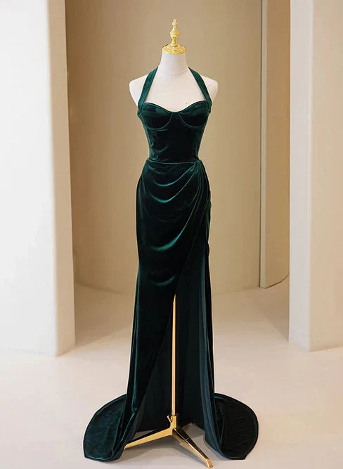 Dark Green Velvet Long Evening Dress Party Dress A-line Bridesmaid Dress Solid Color