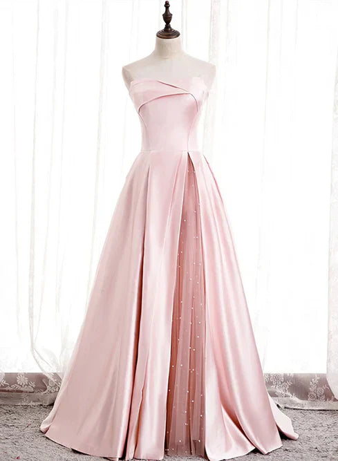 Strapless A-line Pink Satin Prom Dresses Long Party Dress Off Shoulder Elegant Evening Dress