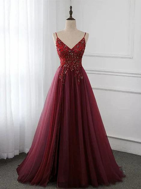 Wine Red Long Tulle V-neckline Beaded Junior Prom Dress Dark Red Party Dress Evening Dress