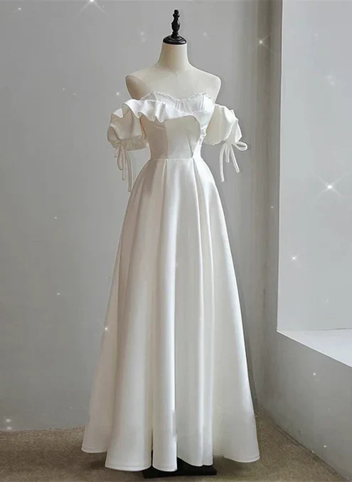 White Satin Off Shoulder Beaded Sweetheart Formal Dress Long Prom Dress Elegant Evening Dress
