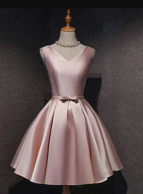Cute Short Satin Pink V-neckline Knee Length Party Dress Prom Dress Homecoming Dress Formal Dress