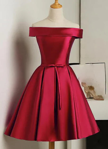 Cute Simple Short Satin Party Dress Off Shoulder Prom Dress Homecoming Dress Formal Dress