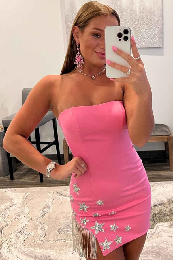 SSR1412,Strapless tight homecoming dresses with stars