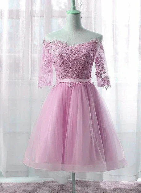 Cute Pink Knee Length Short Sleeves Party Dress Tulle Prom Dress Homecoming Dress