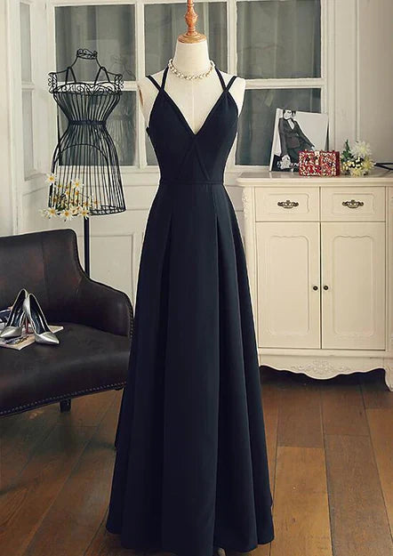 Beautiful Black Chiffon Straps Long A-line Junior Prom Dress Party Gowns Elegant Evening Dress