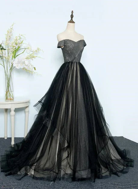 Beautiful Black Tulle Off Shoulder Floor Length Gown Evening Dress Elegant Prom Dress