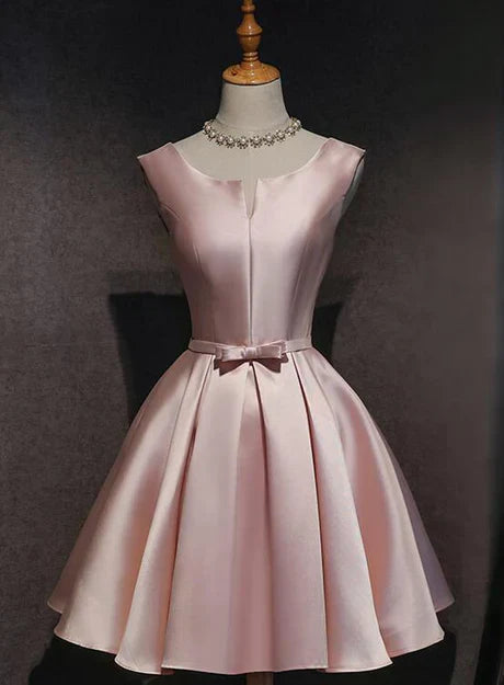 Pink Satin Short Party Dress Lovely Satin Homecoming Dress Formal Dress With Bow Without Neck accessories