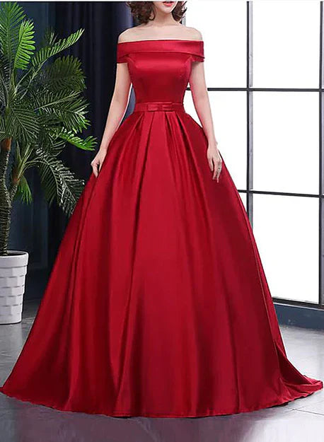 Beautiful Red Off Shoulder Satin Junior Prom Dress Sweet Red Formal Gown Elegant Evening Dress