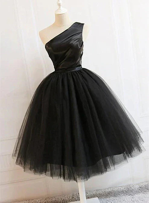 Black Tulle One Shoulder Elegant Tea Length Party Dress Formal Dress Homecoming Dress