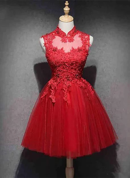Red Lace High Neckline Tulle Short Homecoming Dress Party Dress Formal Dress with Appliques