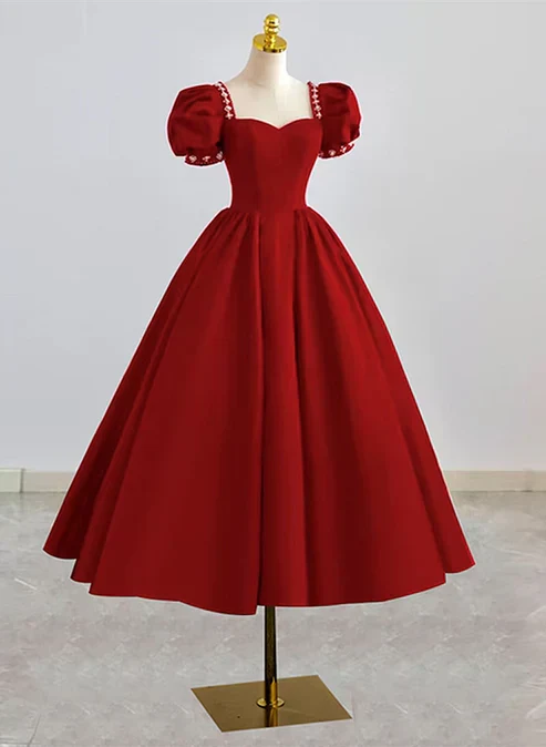 Dark Red Beaded Short Sleeves Tea Length Party Dress Formal Dress Prom Dress Elegant Evening Dress Cocktail Dress