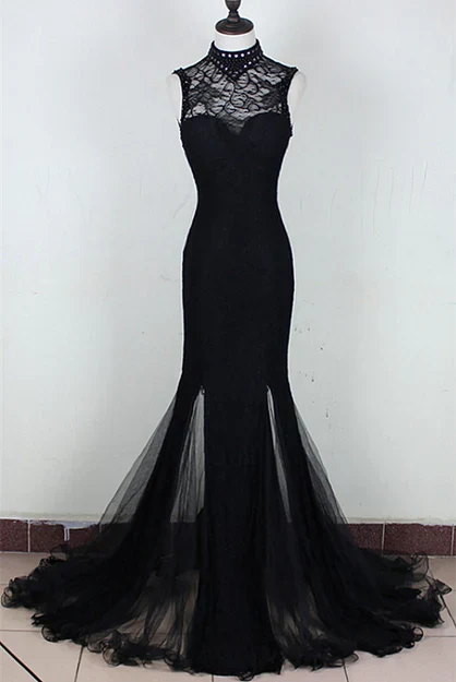 Charming Black Mermaid Backless Long Evening Dress High Neckline Prom Dress Formal Dress