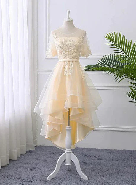 Adorable Light Champagne High Low Party Dress with Lace Applique Short Homecoming Dress Elegant