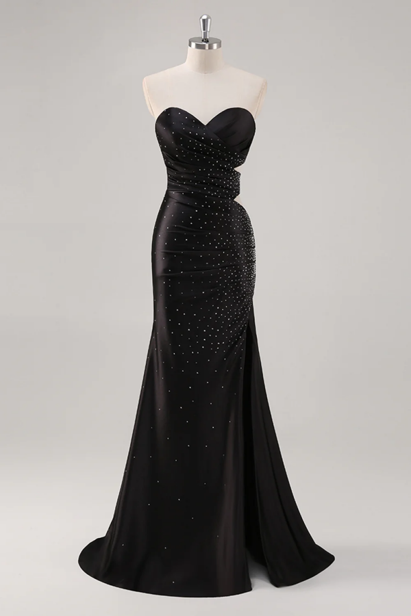 Elegant Black Sweetheart Beaded Split Prom Dress ssr0628