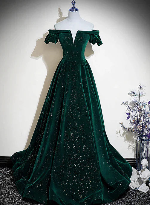Dark Green Velvet Off Shoulder Long Party Dress A-line Prom Dress Elegant Evening Dress