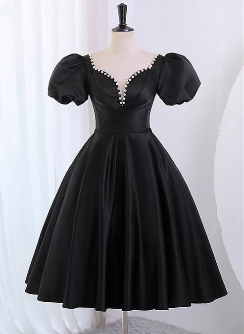 Black Satin Short Sleeves Knee Length Party Dress Homecoming Dress Cocktail Dress Formal Dress