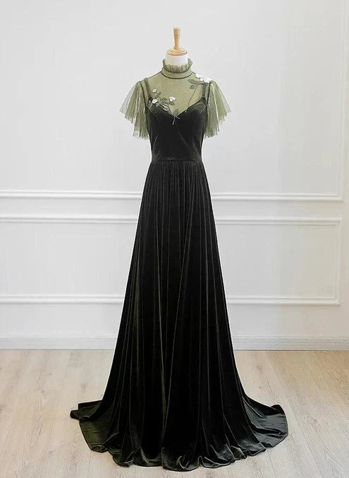 A-line Green Velvet Long Wedding Party Dress High Neckline Prom Dress Evening Dress Formal Dress
