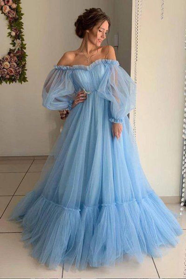 SSR0556,Princess Tulle Prom Dresses Off The Shoulder Evening Dress Long Evening Gown Blue Prom Dress