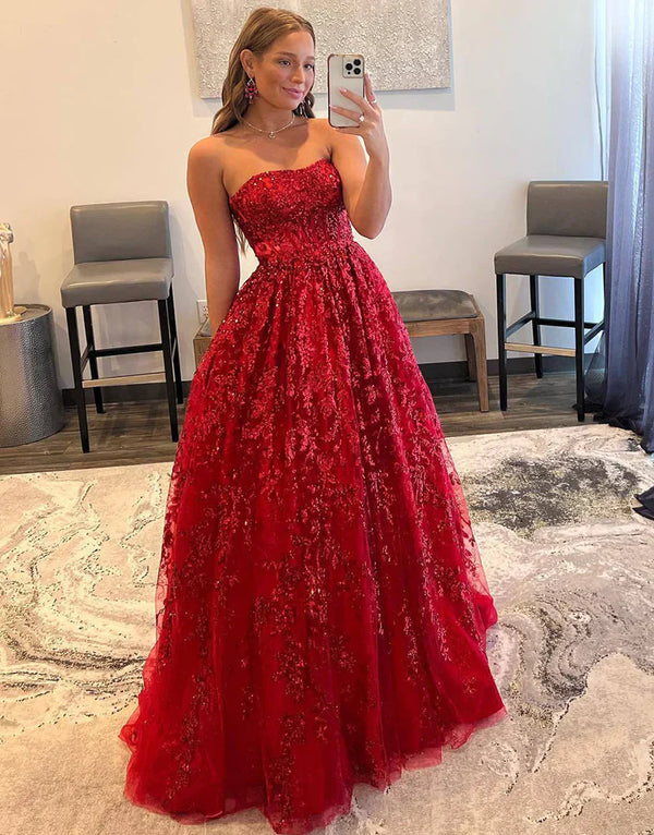 SSR1641,Luxury Red Lace Sequin Long Prom Evening Dresses,Full Length Party Gown