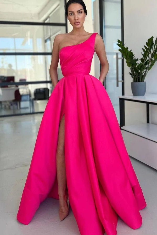 Ariella |?Charming A Line One Shoulder Fuchsia Sequins Long Prom Dresses with Slit