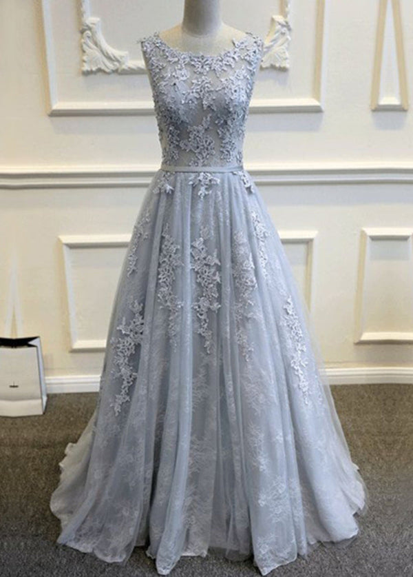 SSR1098,Grey lace v-back tulle prom dresses,long evening dress formal gown