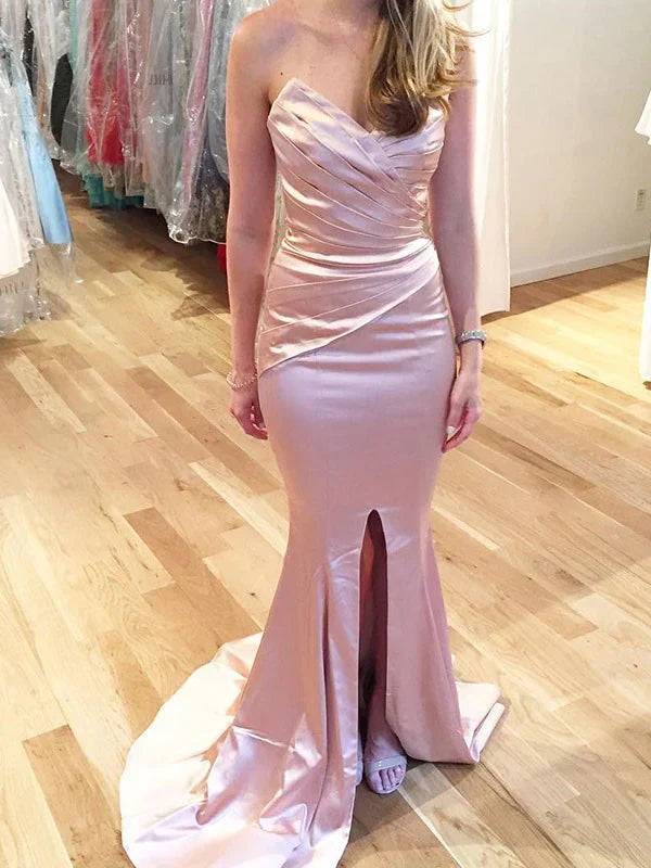 SSR1599,Sweet Pink Mermaid Pleated Prom Dresses,Side Slit Evening Party Dress