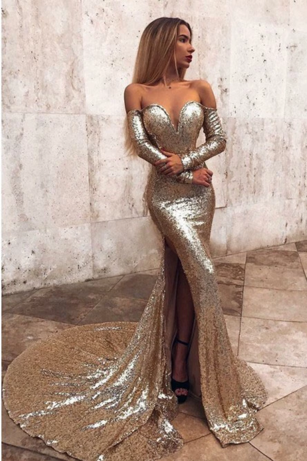 SSR0165,Sexy Gold Sequin Long Prom Dress Long Sleeves Evening Dresses Off The Shoulder Mermaid Split Party Formal Gown