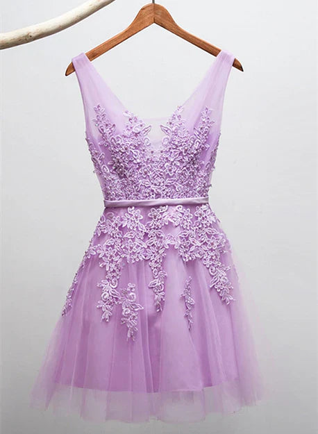Short V-neckline Tulle with Applique Short Formal Dress Cute Party Dress Homecoming Dress