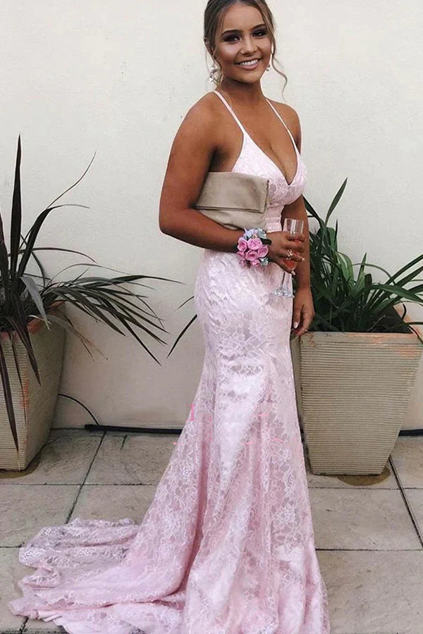 SSR1601,Light Pink Lace Mermaid Prom Evening Dresses With Cross Back