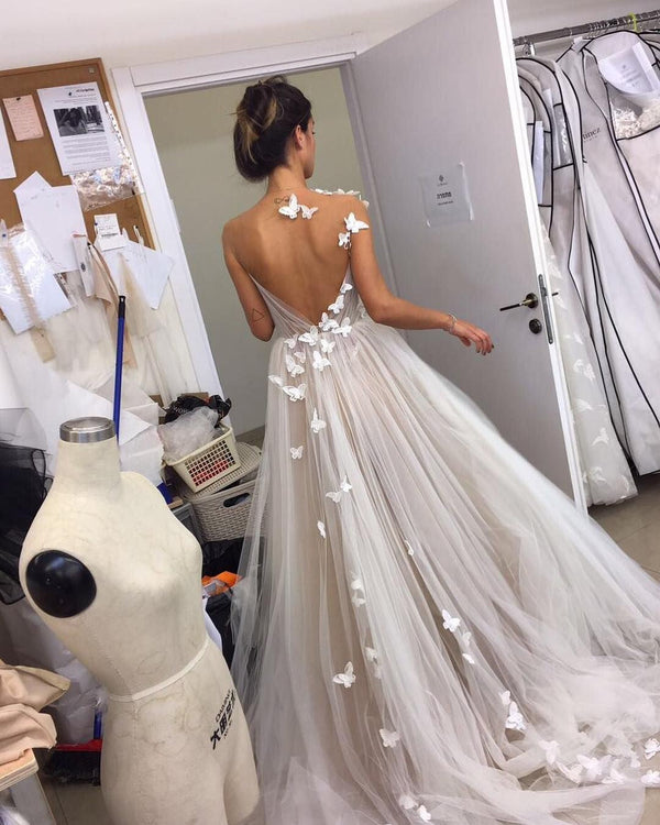 SSR1011,Sweet & Fairy Ball Gown Tulle One Shoulder Wedding Dresses with Butterfly