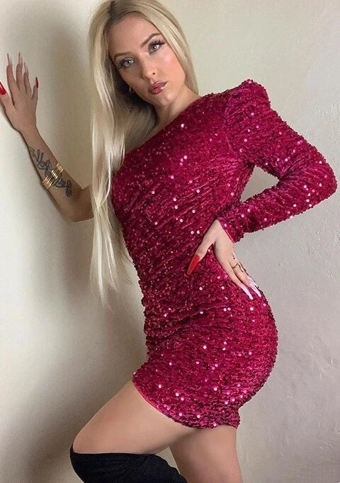 SSR1842,Hot Pink One Shoulder Sequined Mini Homecoming Dress